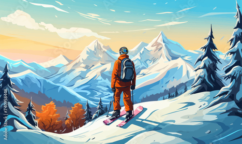 Snowboarding illustration vector landscape sport mountain winter leisure lifestyle concept
