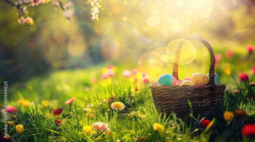 On vibrant grass under the sun, a basket of colorful Easter eggs awaits On vibrant grass under the sun, a basket of colorful Easter eggs awaits
