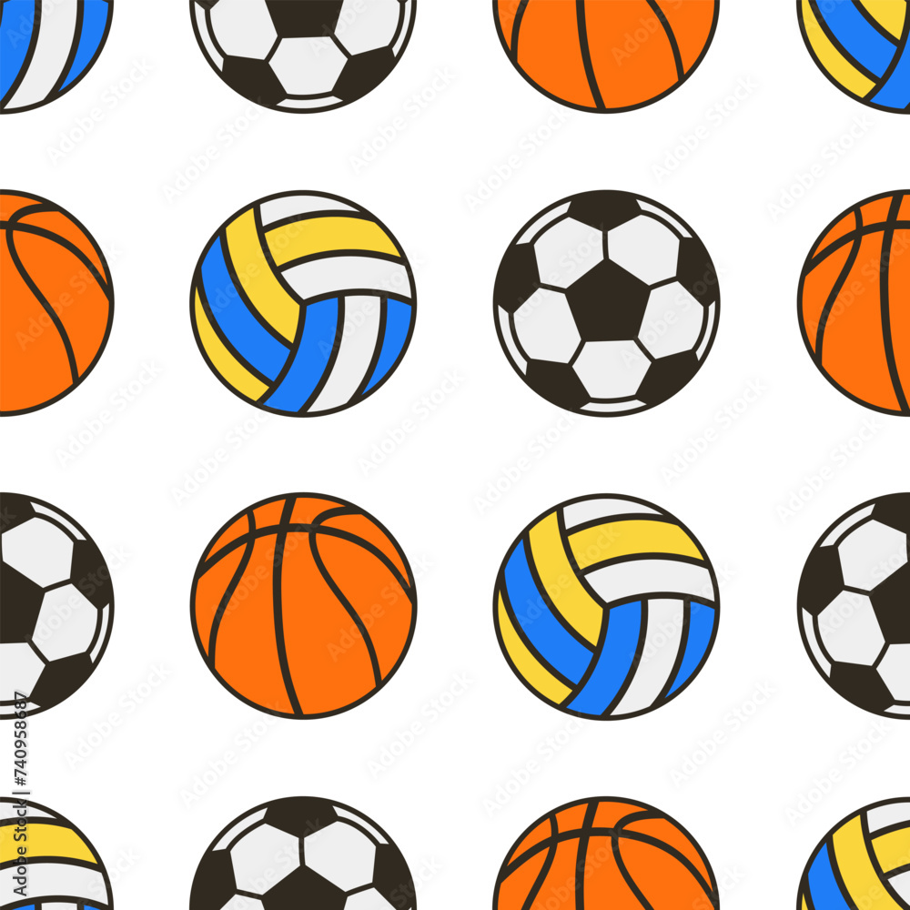 Volleyball, soccer or football and basketball balls seamless pattern. Seamless background with sports balls. Typography graphics for textile and print products. Vector illustration.
