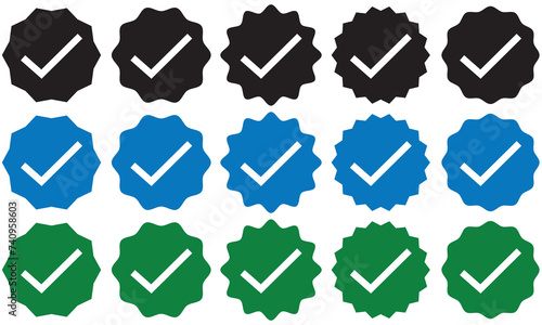 Verified badge profile. Verified badge. Social media account verification icon. Black, Blue and Green check mark. Approved profile sign. Vector illustration