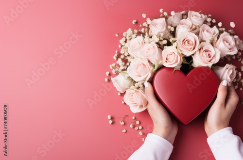 red and white heart gift with roses on a pink background