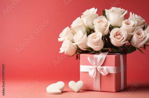 red and white heart gift with roses on a pink background