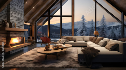 A cozy living room in an eco retreat nestled amidst snowy peaks  with floor-to-ceiling windows offering panoramic views of the winter landscape. 