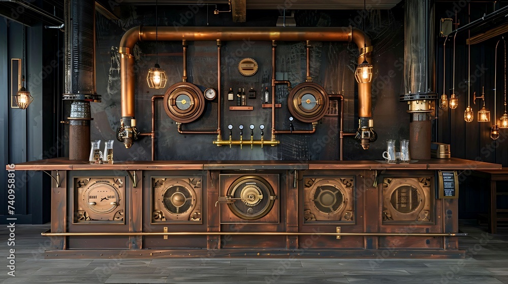 Steampunk inspired reception front desk design with brass pipes and vintage gauges