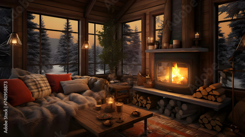  A cozy living room in an eco-conscious cabin tucked away in the snowy forest, with a crackling fire in the hearth and fuzzy blankets draped over comfortable sofas.