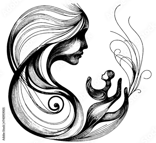 Motherhood and postpartum depression engraved vector illustration