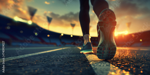 Focus on running shoes of athletic runner training in stadium at sunset, preparing for sports competition, olympic games