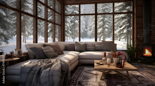 A snug living room in an eco-conscious home surrounded by snowy woods, with plush rugs and floor cushions providing comfortable seating for enjoying the peaceful winter scenery. photo