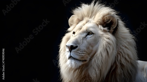 Magnificent Lion king   Portrait of majestic white lion on black background  Wildlife animal