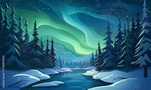 Winter river, northern lights. Vector illustration