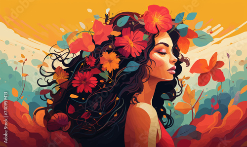 Woman with flower colorful illustration background mental health lifestyle selfcare concept
