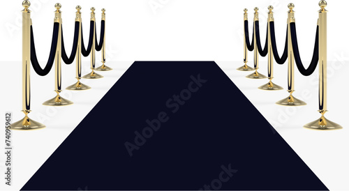 Black carpet with black ropes on golden stanchions. Vector illustration isolated on white background