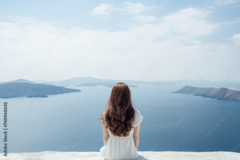 Beautiful woman in summer dress sitting on a white wall by the blue sea on a sunny day