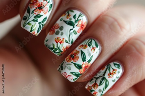 Close up view of spring nail art with floral pattern photo