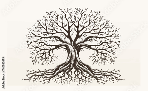 Tree of life with leaves, vector illustration tree with roots outline line drawing