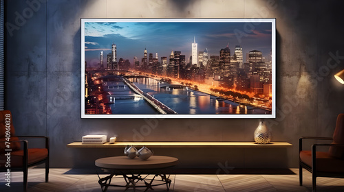 A gallery-style frame featuring a vibrant city skyline at night, capturing the bustling energy of urban life in the modern living room.