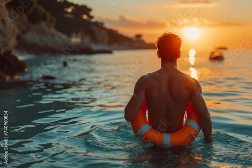 Man standing with a life preserver in the ocean