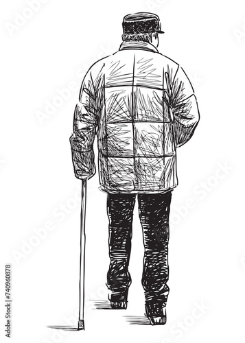 Sketch of casual old man with cane walking alone, hand drawing isolated on white