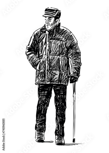 Sketch of casual old man with cane going for walk alone, hand drawing isolated on white