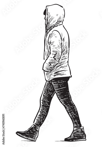 Sketch of casual urban pedestrian in jacket with hood walking alone down street, black and white vector hand drawing isolated on white