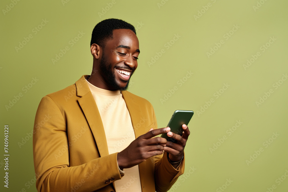 Happy African American Man with phone on Olive studio background Happy African American Man with phone on Olive studio background