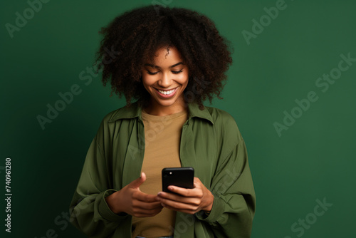 Happy African American woman with phone on Forest Green studio background