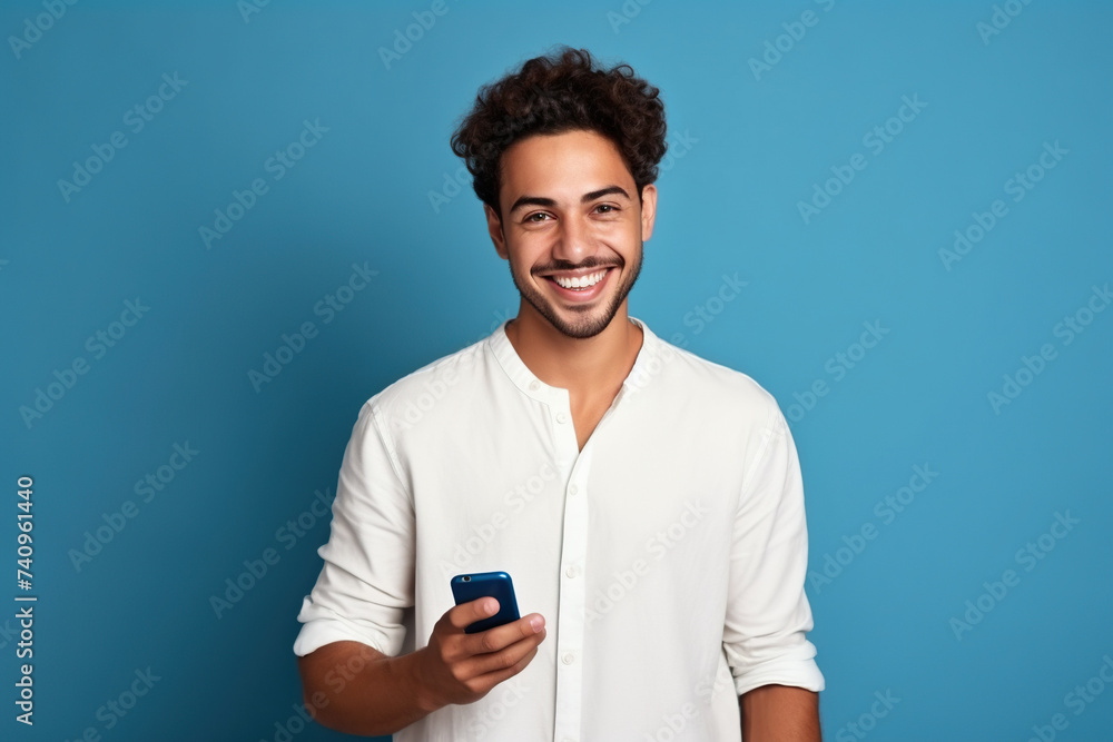 Happy Latin American man with phone on Sapphire studio background Happy Latin American man with phone on Sapphire studio background