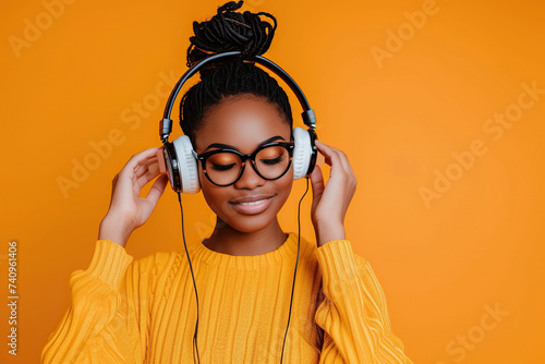 Young African American woman wearing headphones on a orange background listening to her favorite music photo