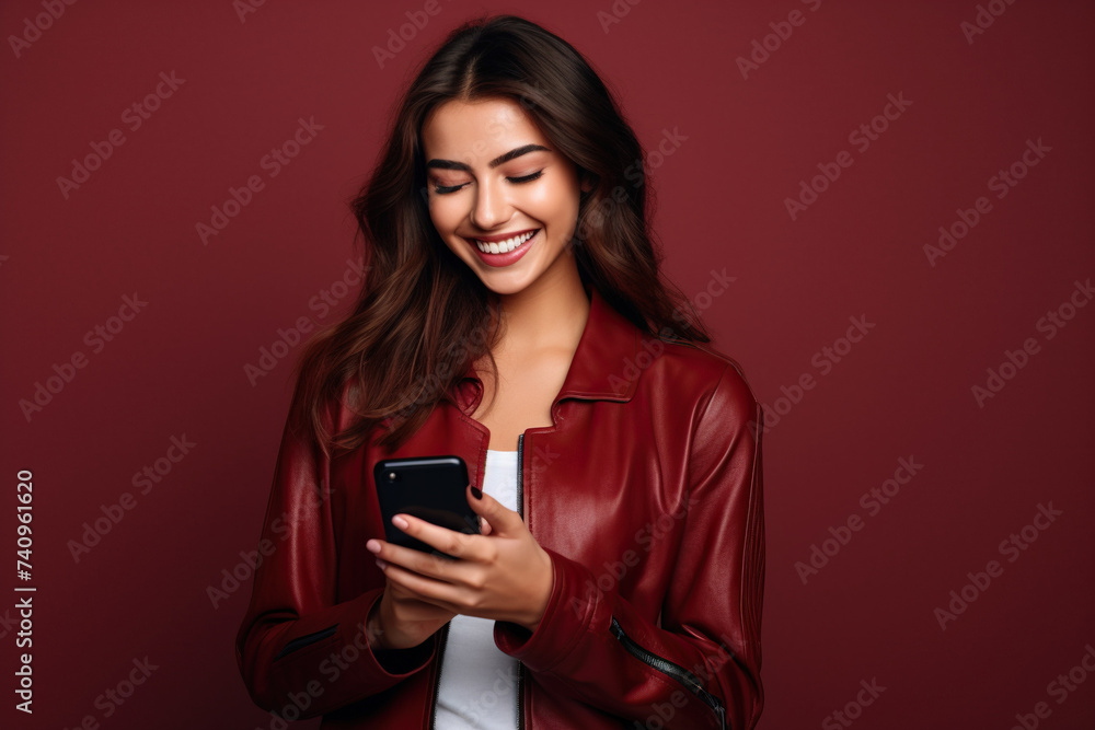 Happy woman with phone on Burgundy studio background
