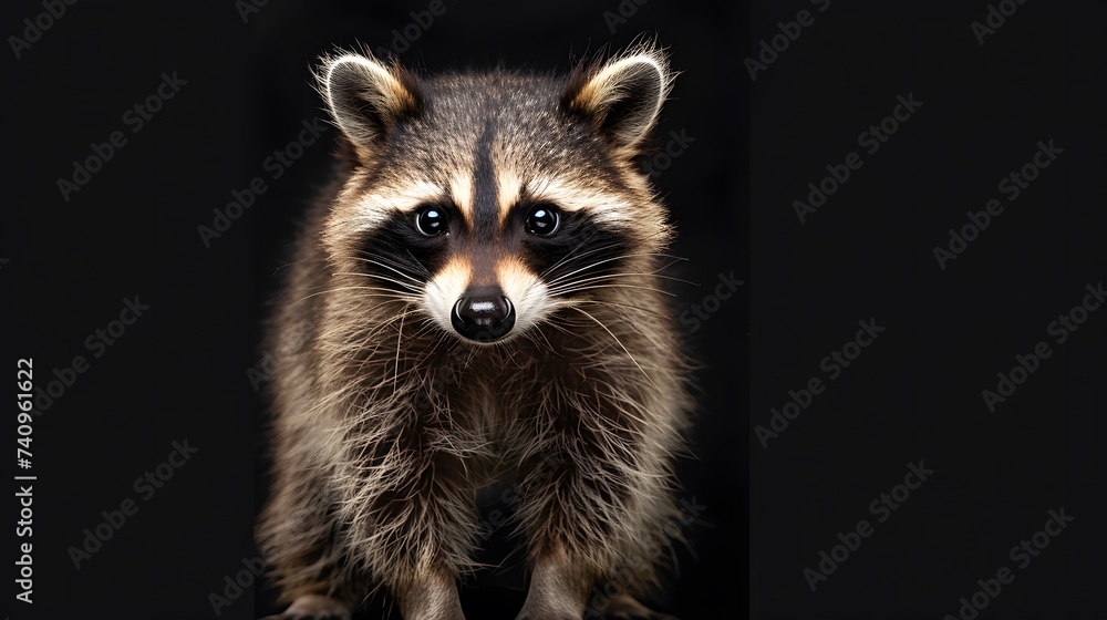 Young Raccoon standing in front and Looking at the camera isolated on black background