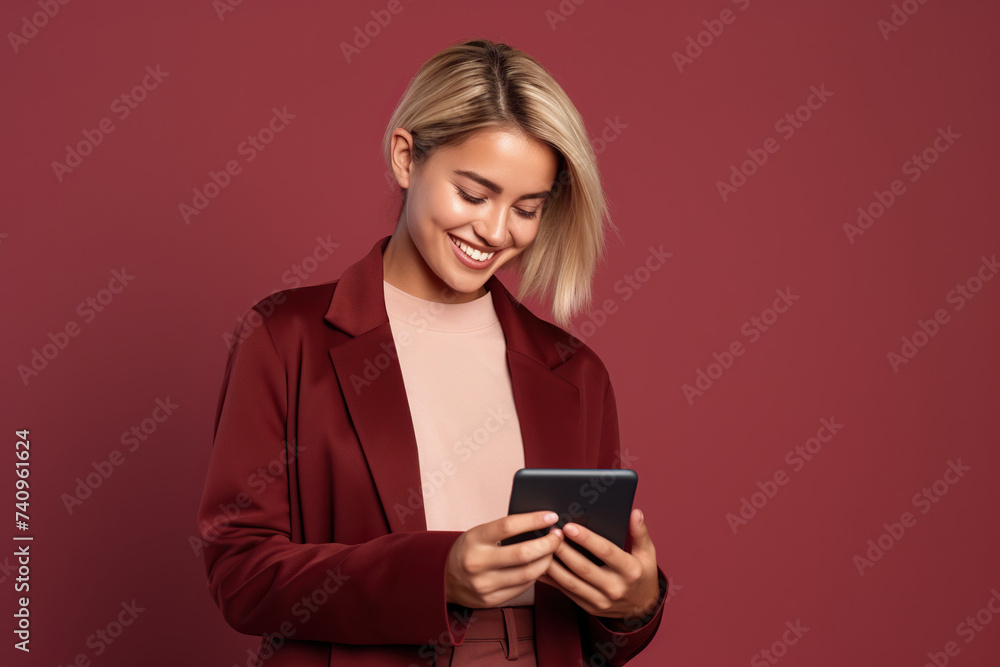 Happy woman with phone on Burgundy studio background Happy woman with phone on Burgundy studio background