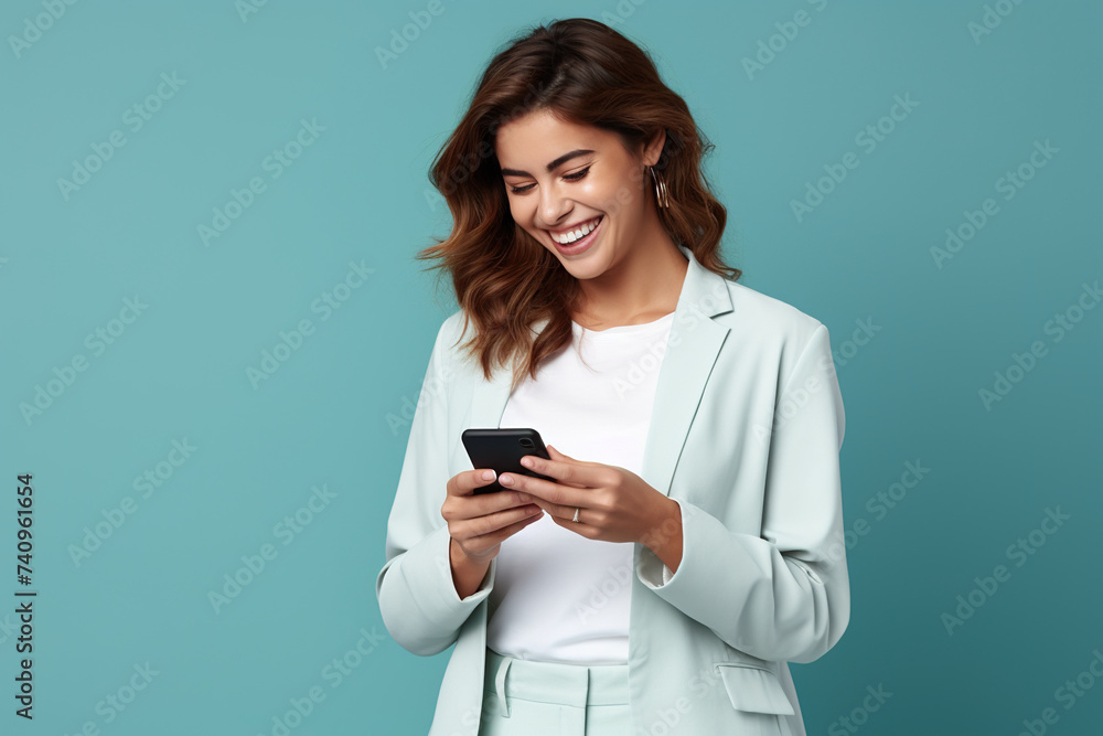 Happy woman with phone on Navy studio background Happy woman with phone on Navy studio background