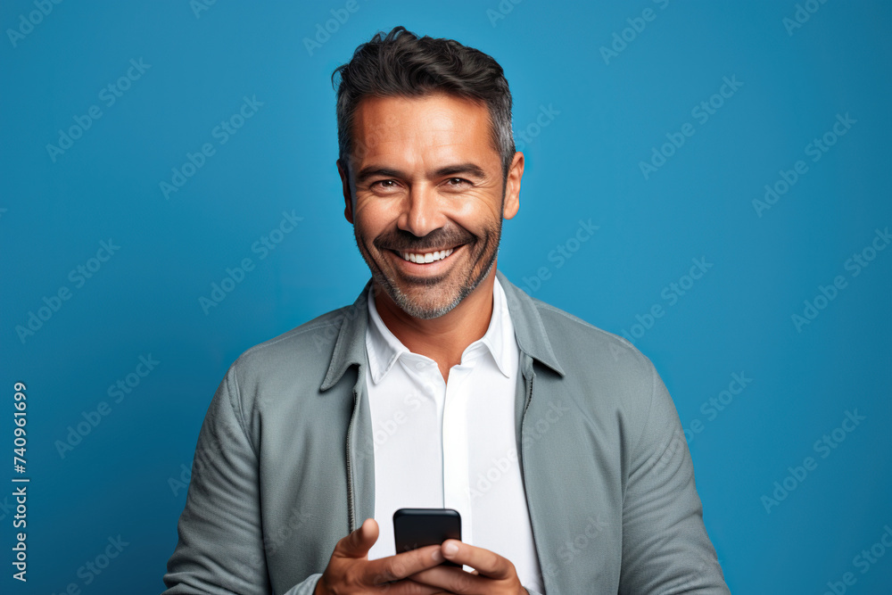 Man with phone on blue studio background Man with phone on blue studio background