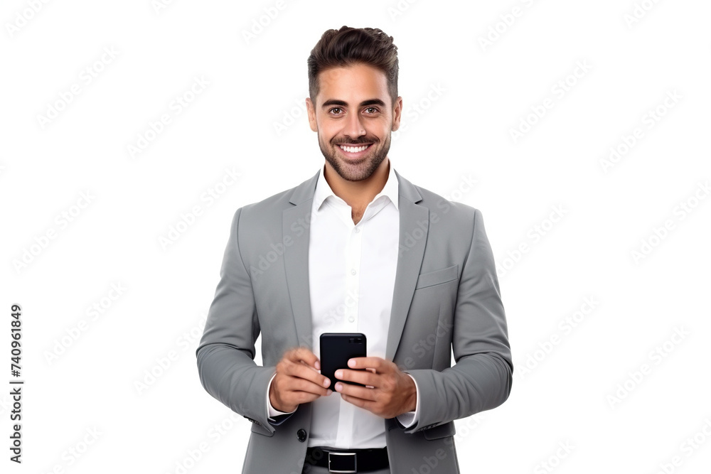 Man with phone on white studio background Man with phone on white studio background