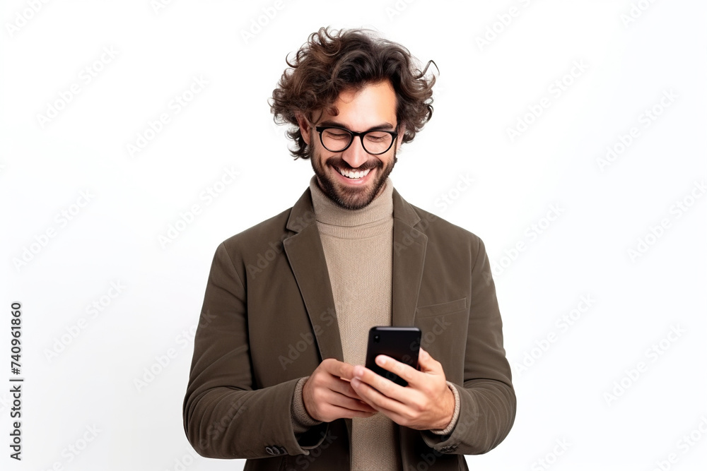 Man with phone on white studio background Man with phone on white studio background