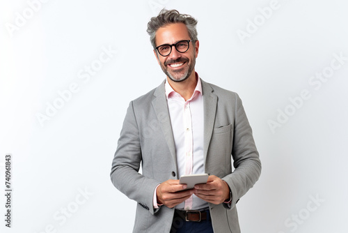 Man with phone on white studio background © AI_images