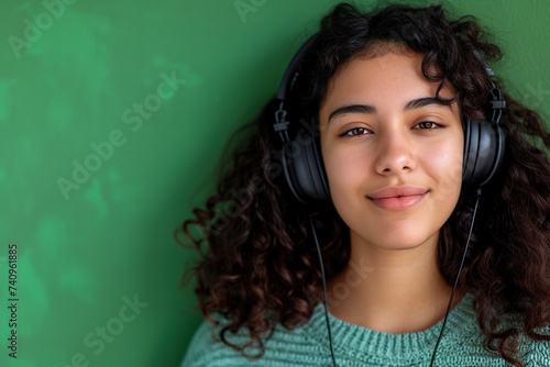 Young Latin woman wearing headphones on a green background listening to her favorite music.