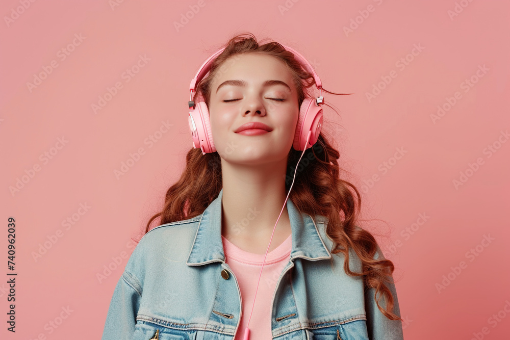 Young woman wearing headphones on a pink background listening to her favorite music. Young woman wearing headphones on a pink background listening to her favorite music.