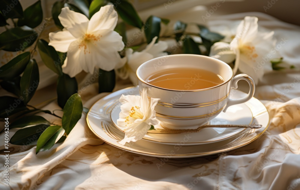tea on a table next to white flowers and leaves tea on a table next to white flowers and leaves