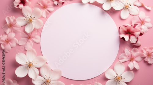 white blank cardboard circle with flower petals arranged on a pink background © olegganko