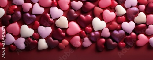 various pink and red hearts on a red background