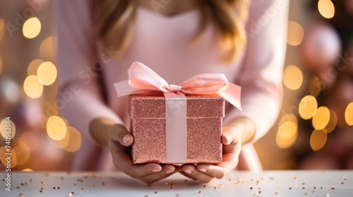 two white hands holding a pink gift box with gold ribbon