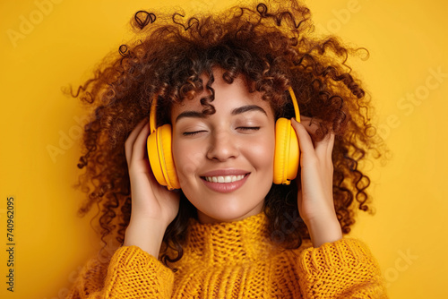 Young woman wearing headphones on a yellow background listening to his favorite music.
