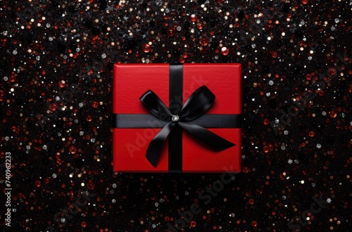 top view of black box with red box as decoration on a red background with gli...