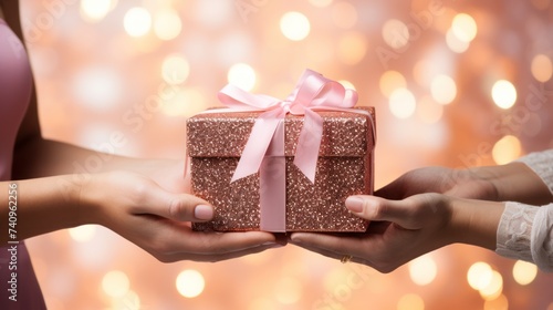 two hand holding a gift on pink background, glimmering © olegganko