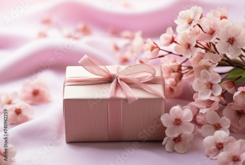 Valentine's celebration presents on background of pink flowers and a gift box © olegganko