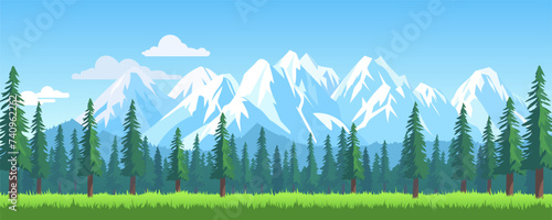 Forest and mountains. Beautiful panoramic landscape of a forest with pine trees, green grass against the backdrop of high mountains with snow-capped peaks and a blue sky with clouds.