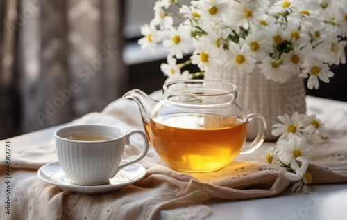 tea with flowers on table, in the style of neutral colors