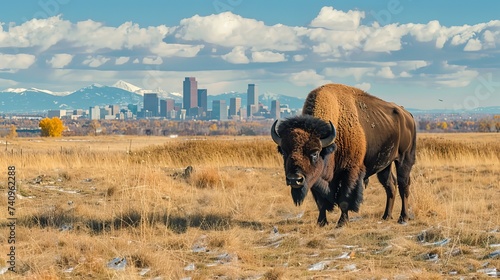 A bison on an open meadow at the Rocky Mountain National Park, with the Denver skyline and the Rocky Mountains in the distance. photo