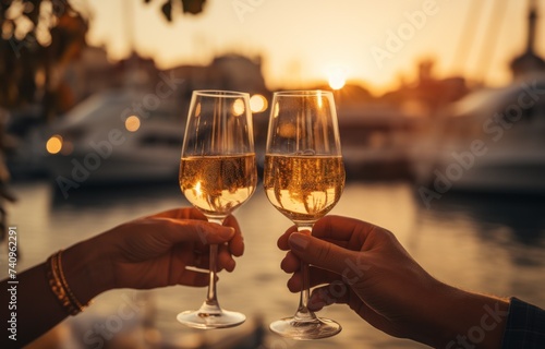two people toasting champagne outdoors on the water
